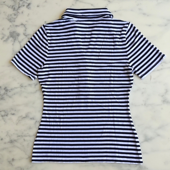 NWOT. The Limited Rayon and Spandex Black and white Stripes Short Sleeve Polo. - Picture 4 of 4